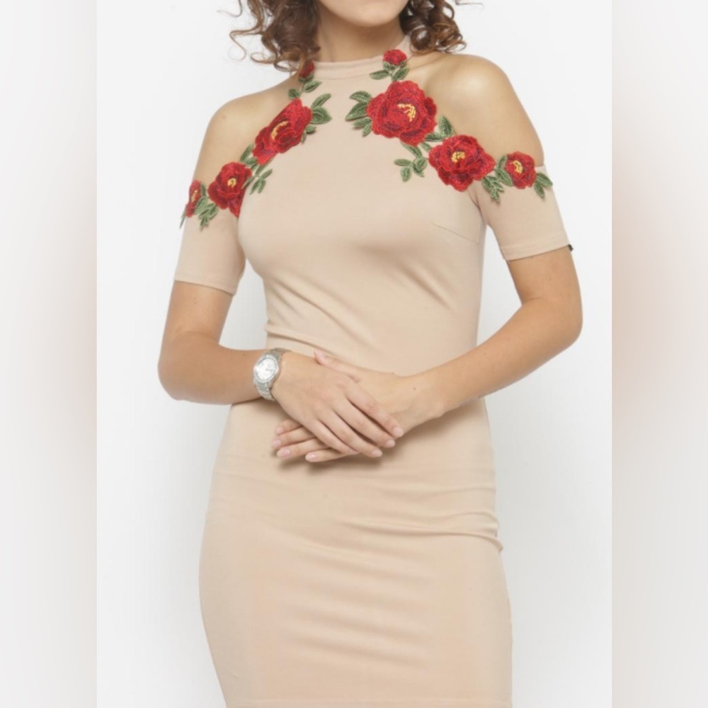 Forever 21 Blush Rose Appliqué Mini Dress Size M Y2K Bodycon
